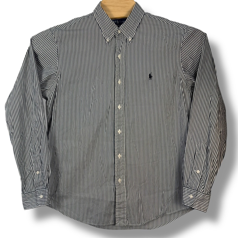 Vintage Ralph Lauren Button Down Shirt Men Large Black White Striped Custom Fit - Picture 2 of 10